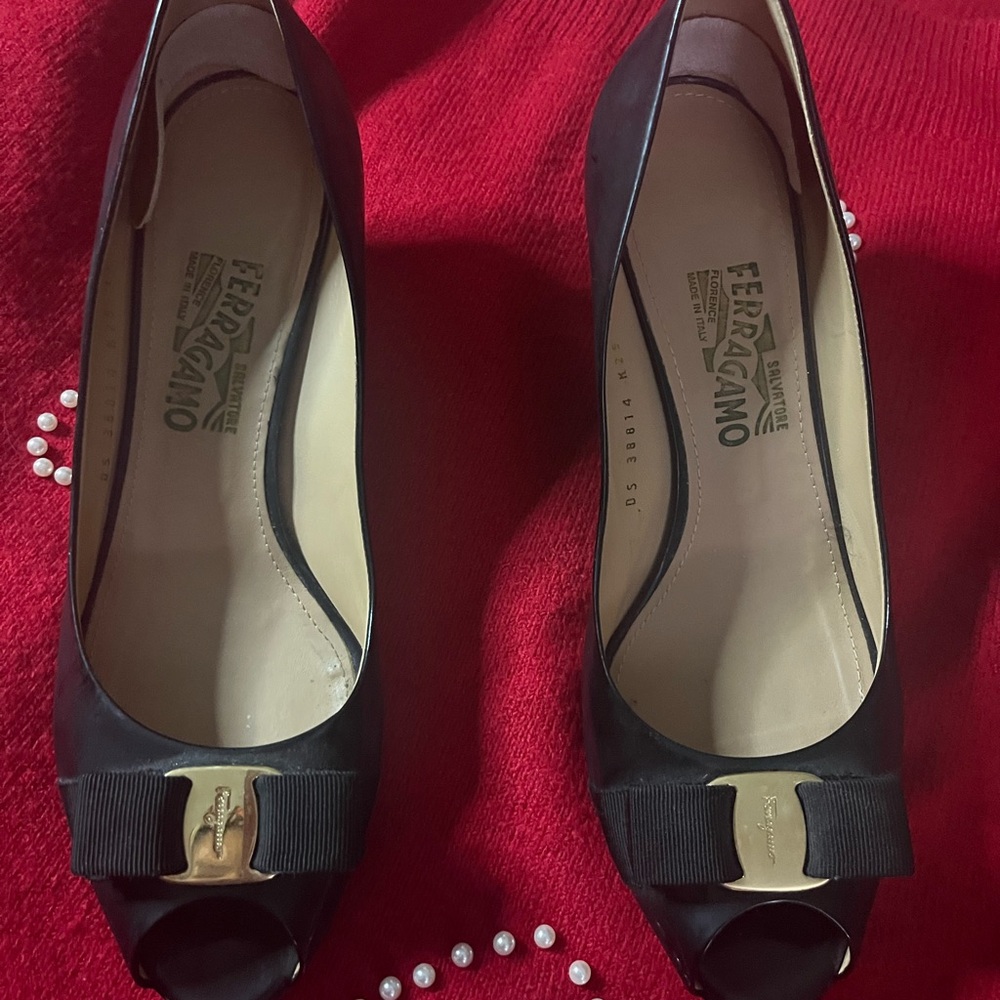 Salvatore Ferragamo Black Peep Toe Heels with Gold Buckle